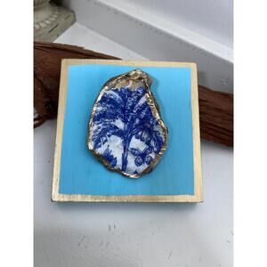 SALE Original HandPainted Oyster Shell Art 5x5 Wooden Block Palm Tree Gold Beach